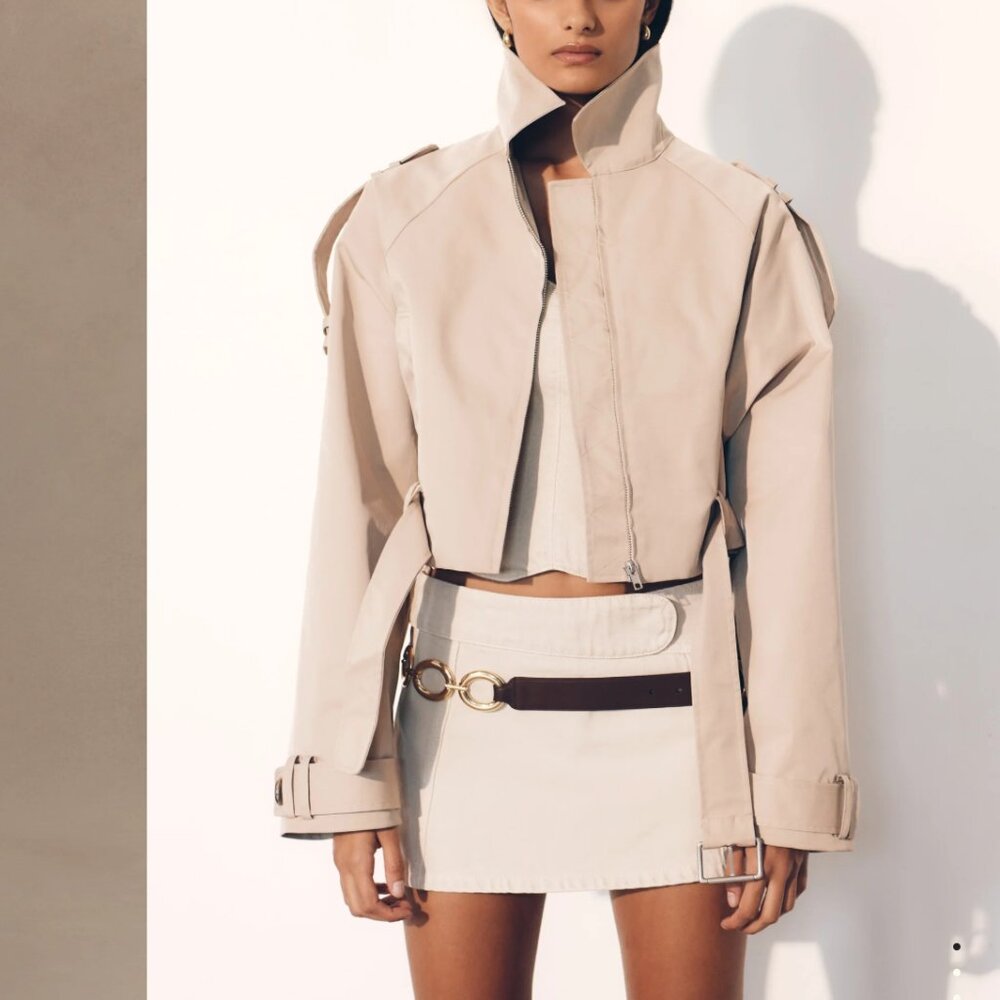 NWT. MESHKI Frank Cropped Collared Jacket - Camel